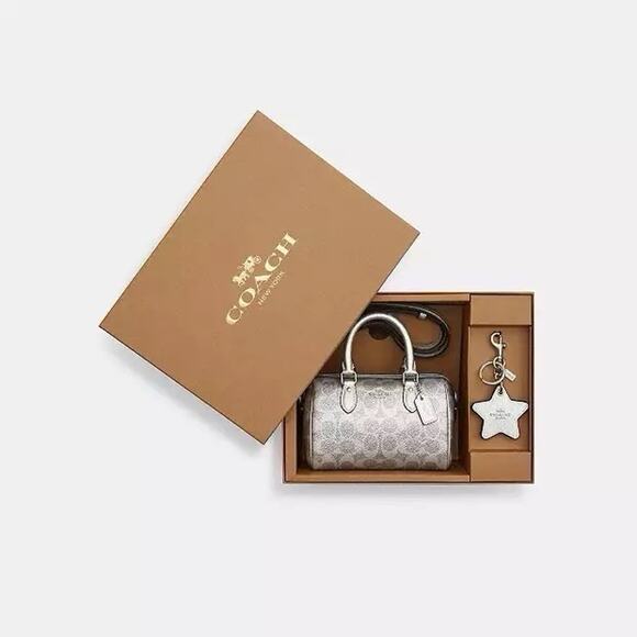 NWT Coach Boxed Mini Rowan Crossbody Bag And Mirror Bag Charm Set CX186 Silver - Picture 11 of 11
